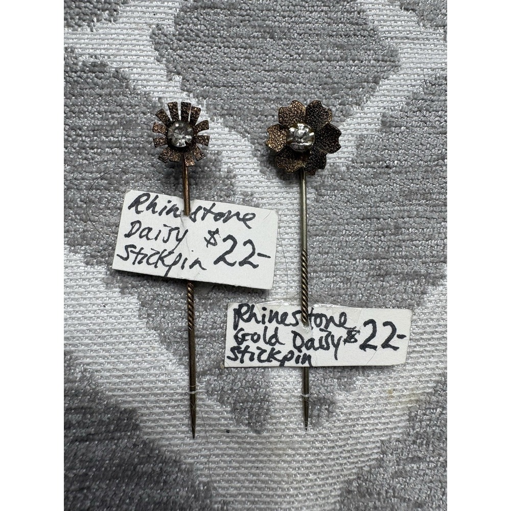 Vintage Rhinestones Metal Stick Pin Scarf Daisy Flower Lot Of 2
